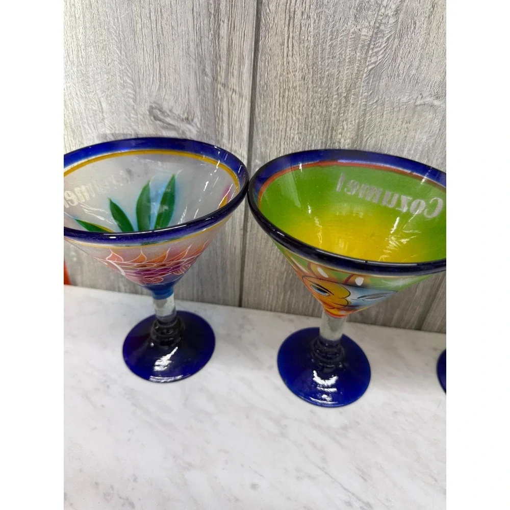 Set of 4 Hand Painted Mexican Martini Glasses Cozumel Cobalt Blue Rim 7in